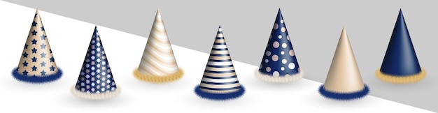 Conjunto de sombreros de cumpleaños azul oscuro y beige 3D o gorras de papel de fiesta en forma de cono con pelaje esponjoso