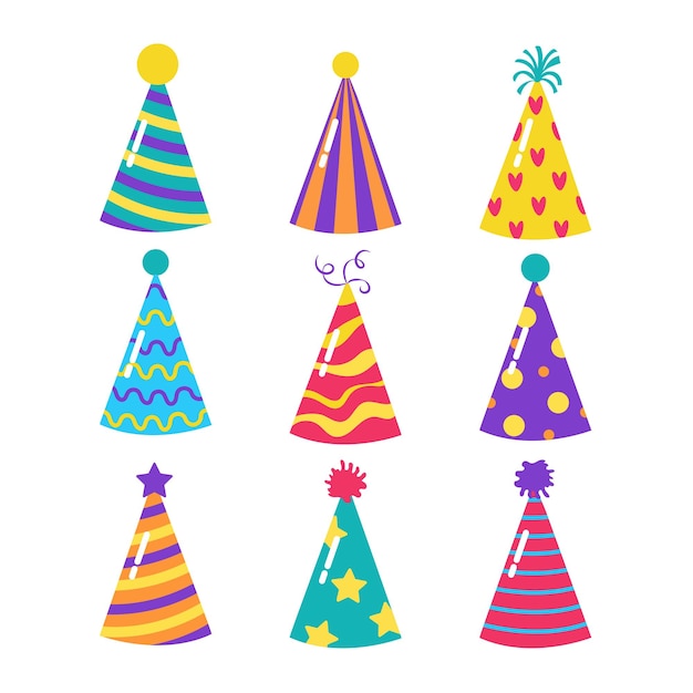 Conjunto de sombreros de cumpleaños de colores aislados en un fondo blanco Conos vectoriales en diseño de dibujos animados planos