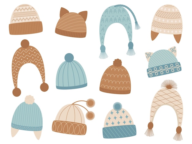 Conjunto de sombreros para las estaciones de otoño e invierno tapas textiles aisladas sobre fondo blanco diseños de tocados para el clima frío ilustración vectorial