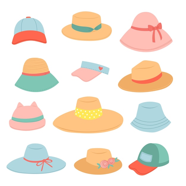 Conjunto de sombreros y gorras de verano, ilustración de vector de diseño plano de sombrero de paja.