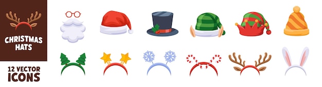 Conjunto de sombreros de iconos de Navidad de estilo plano