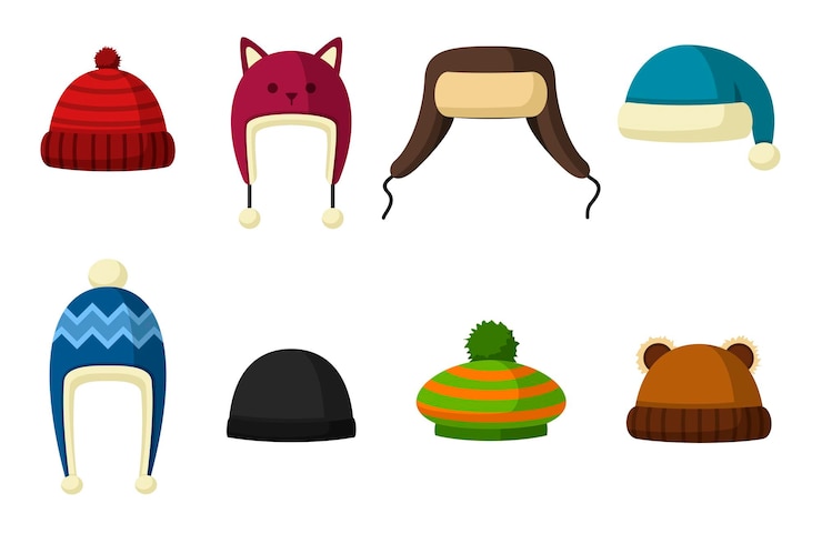 Vector conjunto de sombreros de invierno aislado sobre fondo blanco. sombreros y gorros de punto para el frío. ropa para el aire libre.