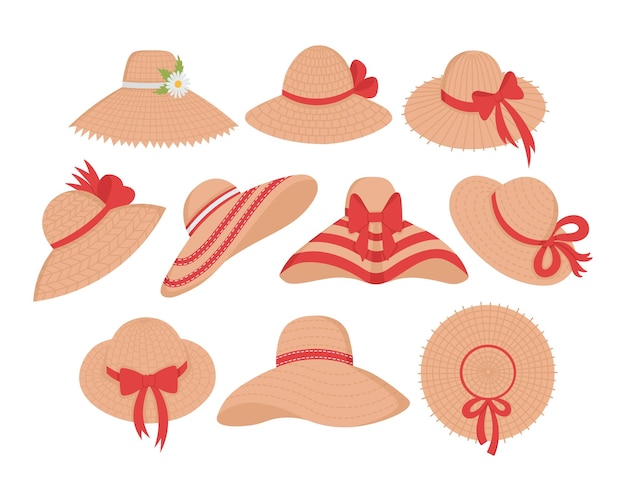 Vector un conjunto de sombreros de mimbre para tomar el sol en la playa clipart plano todos los colores han sido repintados