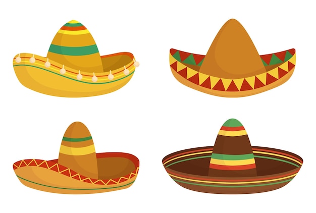 Vector conjunto de sombreros de sombrero audaces y vibrantes aislados en iconos de fondo blanco para el tema cultural mexicano o sudamericano