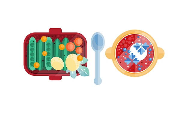 Conjunto de sopa caliente y verduras en la caja de almuerzo Vista superior de apetitosos alimentos frescos para la cena Ilustración de cuenco vectorial plano