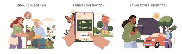 Conjunto de sostenibilidad participación de la comunidad en la jardinería orgánica contribuciones digitales al bosque