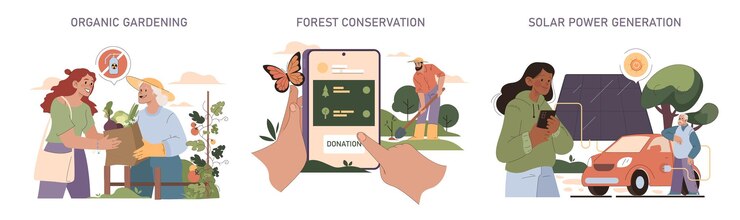 Vector conjunto de sostenibilidad participación de la comunidad en la jardinería orgánica contribuciones digitales al bosque