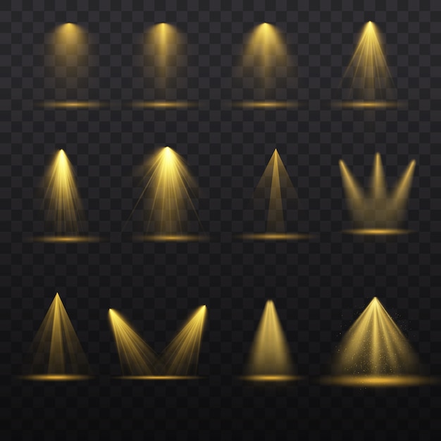Conjunto de Spotlight aislado sobre fondo transparente. Haz de luz de reflector, focos iluminados para diseño web y luces de estudio de proyección haz iluminación de escena de espectáculo de club de conciertos. Efectos de iluminación.