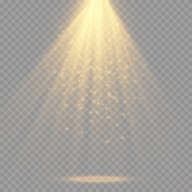 Conjunto de Spotlight aislado. Vector efecto de luz brillante con rayos de oro y vigas