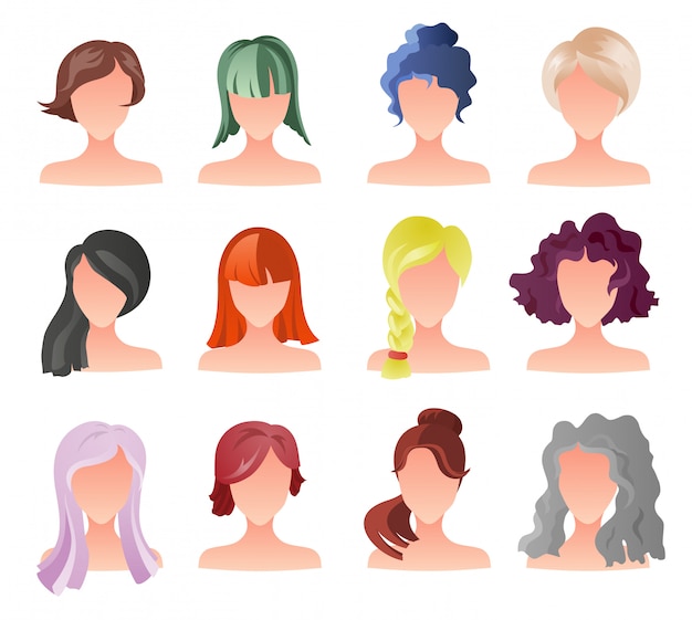 Vector conjunto de sprites de estilo de pelo femenino. vector chica avatares.