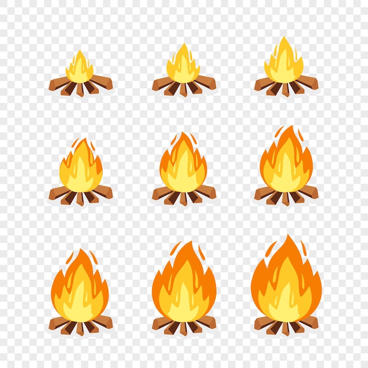 Vector conjunto de sprites de fuego de campamento para animación ilustración de dibujos animados vectorial fuego de leona quema marcos explosión antorcha llamas fuego de campo para diseño de juego en fondo transparente