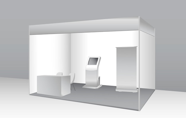 conjunto de stand de exhibición comercial realista o quiosco de exhibición en blanco blanco o stand corporativo