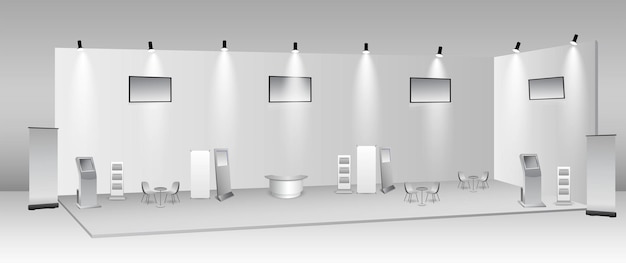 Conjunto de stand de exhibición comercial realista o quiosco de exhibición en blanco blanco o stand corporativo