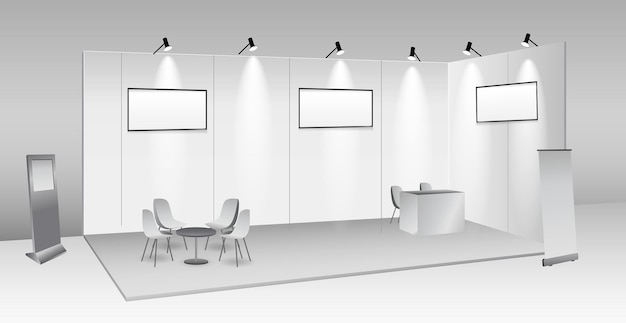 Conjunto de stand de exposición comercial realista o quiosco de exposición en blanco blanco o stand stand corporativo com