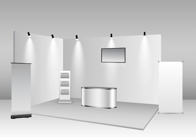 Conjunto de stand de exposición comercial realista o quiosco de exposición en blanco blanco o stand stand corporativo com