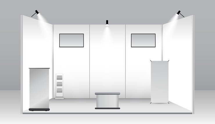 Vector conjunto de stand de exposición comercial realista o quiosco de exposición en blanco blanco o stand stand corporativo com