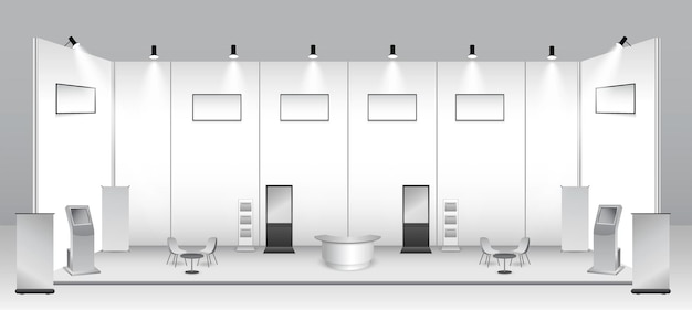 Conjunto de stand de exposición comercial realista o quiosco de exposición en blanco blanco o stand stand corporativo com