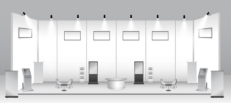 Vector conjunto de stand de exposición comercial realista o quiosco de exposición en blanco blanco o stand stand corporativo com