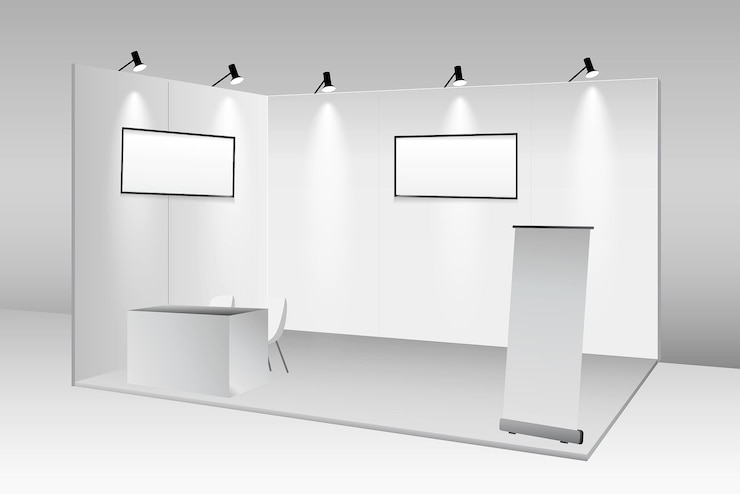 Vector conjunto de stand de exposición comercial realista o quiosco de exposición en blanco blanco o stand de stand