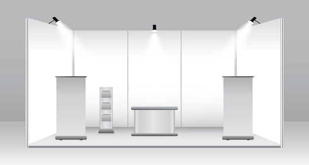 conjunto de stand de exposición comercial realista o quiosco de exposición en blanco o stand corporativo