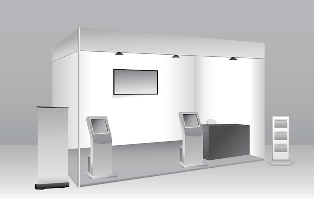 conjunto de stand de exposición comercial realista o quiosco de exposición en blanco o stand corporativo
