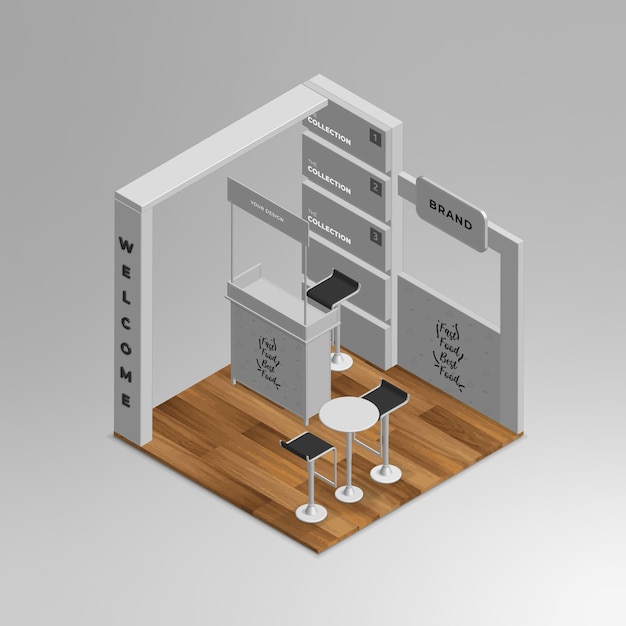 conjunto de stand de exposición isométrica 3d realista