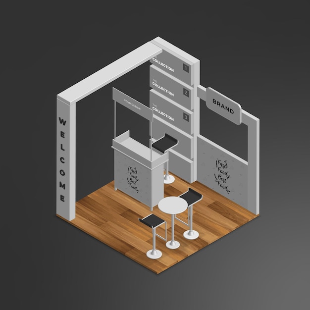 conjunto de stand de exposición isométrica 3d realista