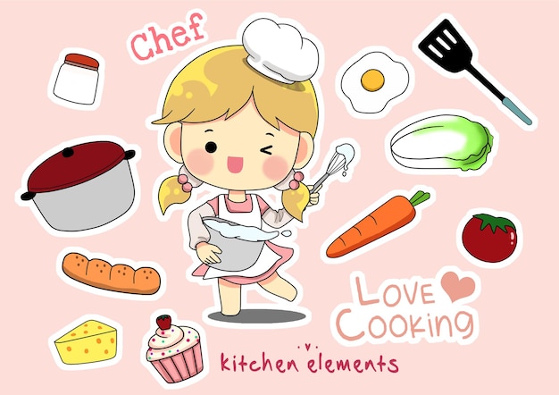 Conjunto de stiker de elementos de cocina de linda chica