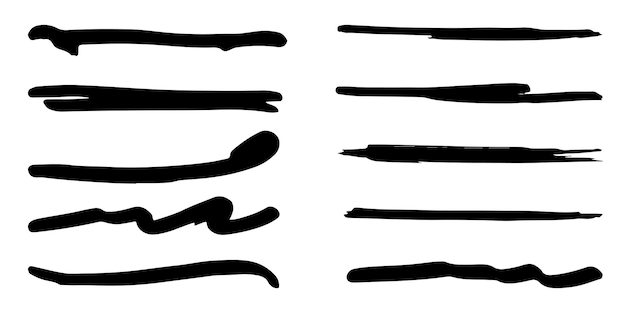 Conjunto de subrayado dibujado a mano, trazos de marcador de resaltado, swoops, marcas de pincel de ondas garabato abstracto. ilustración vectorial