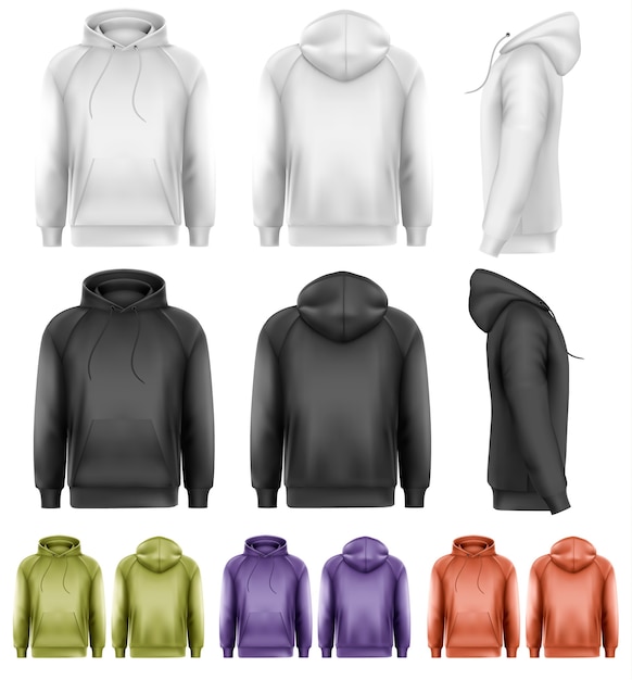 Conjunto de sudaderas con capucha masculinas de diferentes colores.