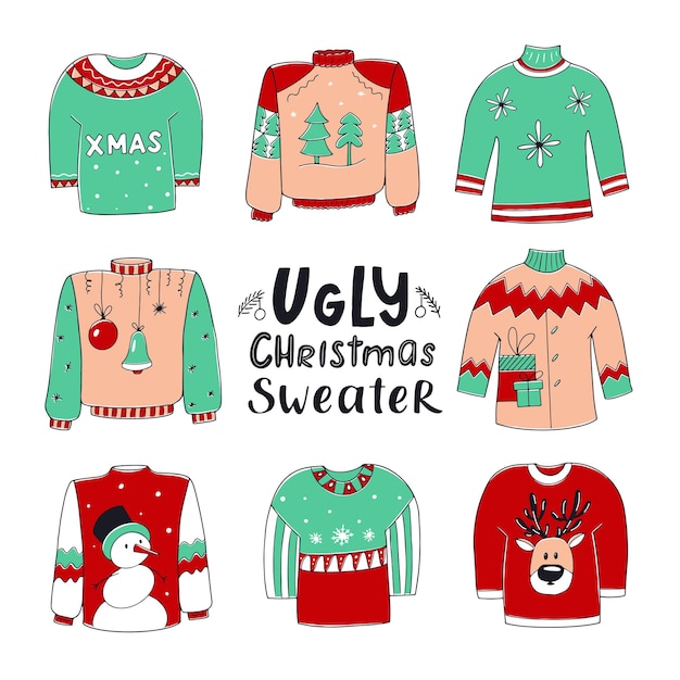 Conjunto de suéter feo dibujado a mano Colección de suéteres de invierno de colores para las vacaciones con letras Vector doodle ilustración