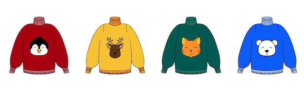 Conjunto de suéteres feos de dibujos animados ropa de invierno cálida con zorro pingüino oso polar ciervo suéteres de punto de navidad ilustración vectorial