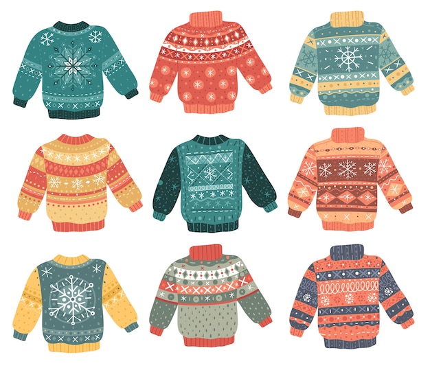 Conjunto de suéteres feos de Navidad.