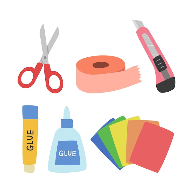 Conjunto de suministros de artesanía para estudiantes tijeras cinta cuchillo pegamento plano vector ilustración dibujos animados clipart
