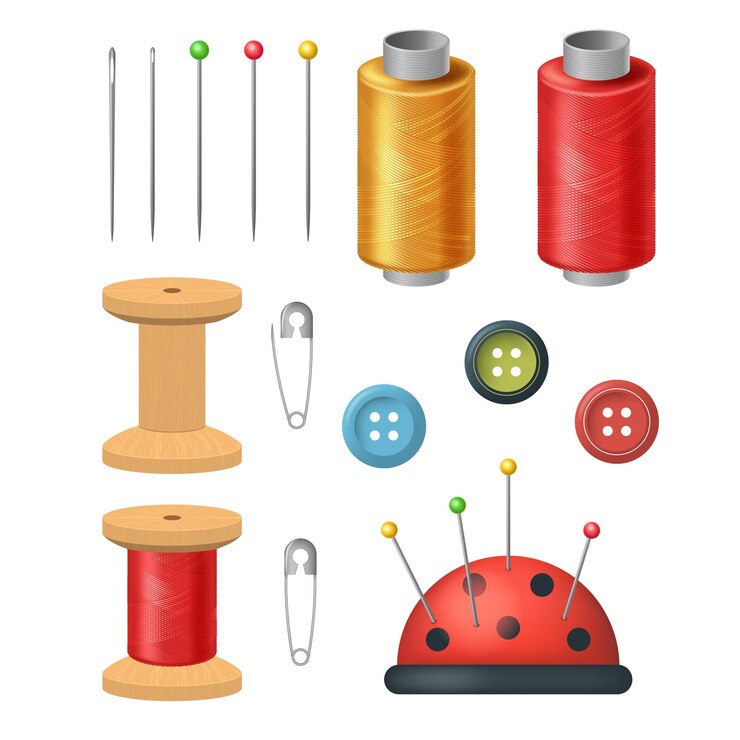 Vector conjunto de suministros de costura 3d detallados y realistas para la costura y la costura, que incluye una ilustración vectorial de aguja de hilo y botón