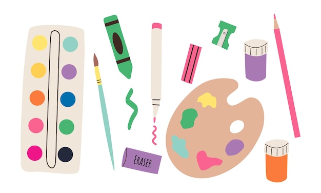 Conjunto de suministros de dibujo Artistas herramientas pincel pintura tijeras paleta pincel y lienzo aislados en blanco Escuela artística pintor estudio de arte elementos de estudio Ilustración vectorial