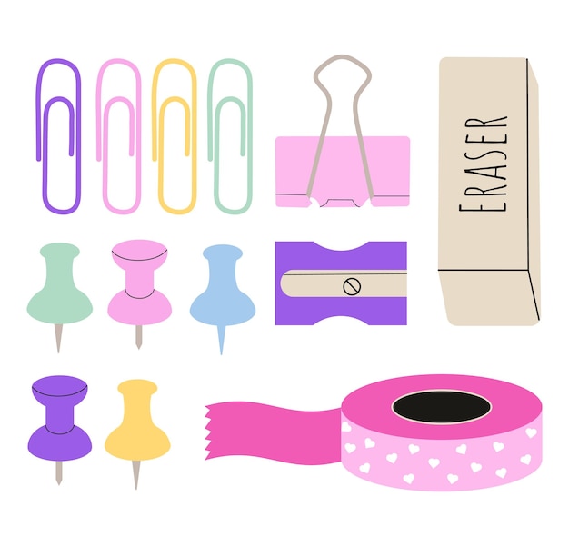 Conjunto de suministros escolares de regreso a la escuela clips de papel afilador de alfiler borrador cinta decorativa de colores adecuado para impresiones tarjetas scrapbooking artesanías de papel ilustración vectorial en un estilo plano