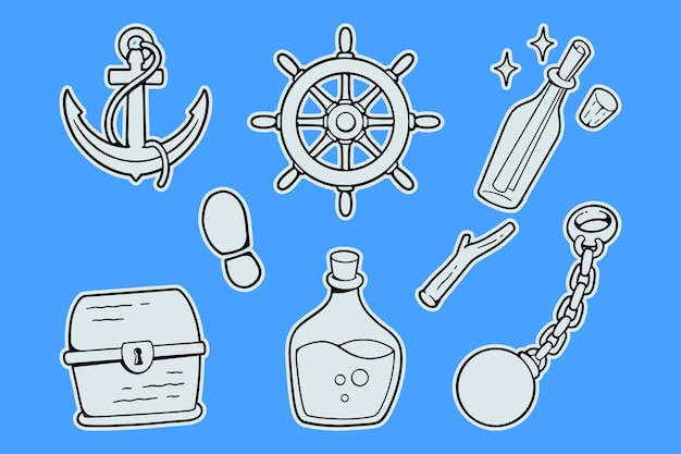 conjunto de suministros de piratas con ancla dirección barco cofre del tesoro botella de cerveza mapa esposas de piratas