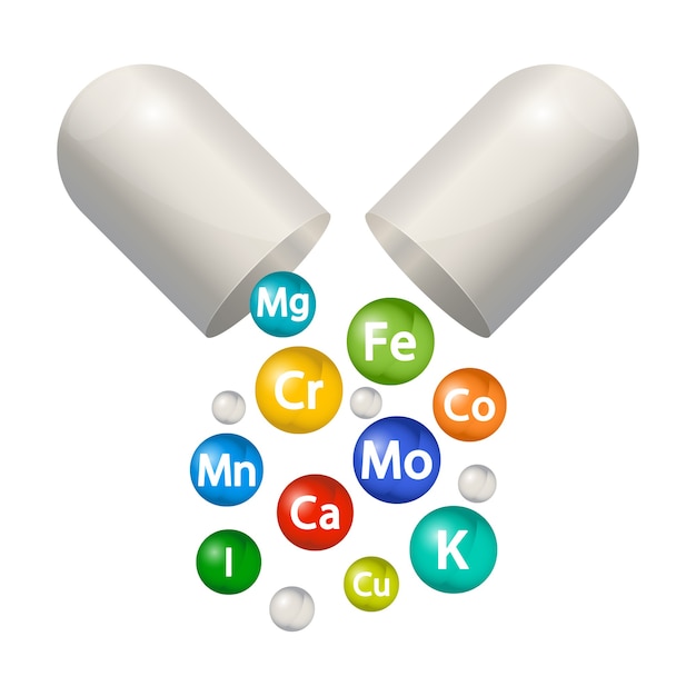 Conjunto de suplemento mineral de píldora cápsula. Complejo multivitamínico de burbujas 3d. Vitamina esencial.