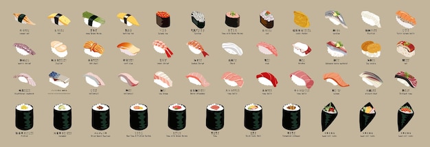 Vector conjunto de sushi aislado sobre fondo marrón