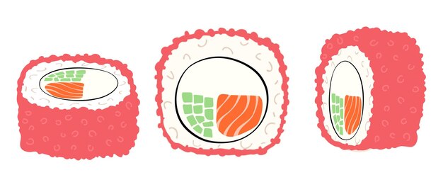 Conjunto de sushi sin costuras de diferentes tipos de salmón, pepino, rollo de California, vista lateral y superior