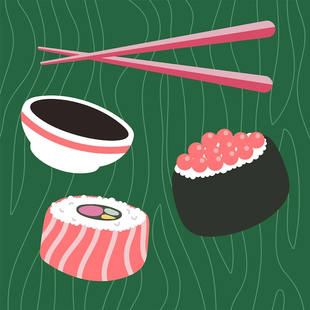 Conjunto de sushi de dibujos animados coloridos de diferentes tipos ilustración vectorial aislado