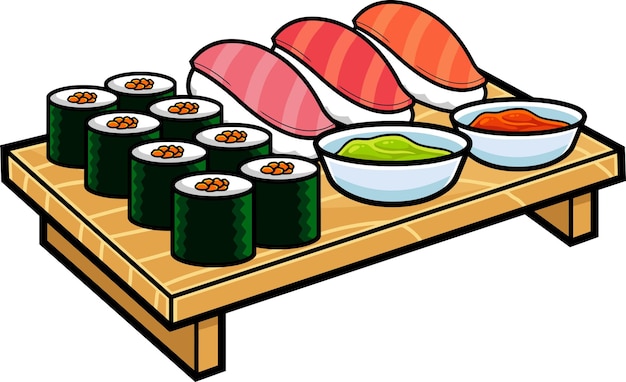 Conjunto de sushi de dibujos animados Mariscos japoneses sobre placa de sushi de madera Vector ilustración dibujada a mano