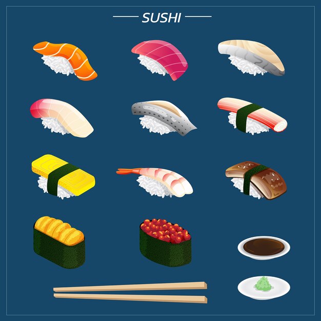 Conjunto de sushi de diferentes tipos palillos con wasabi soja ilustración aislada. Isométrica sushi sobre fondo azul marino para otras categorías.