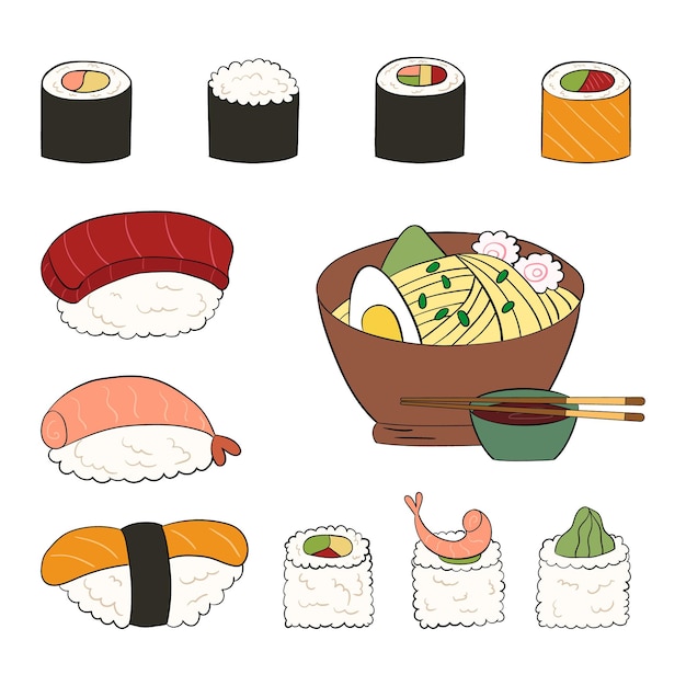 Conjunto de sushi fideos ramen ilustración vectorial sobre un fondo blanco