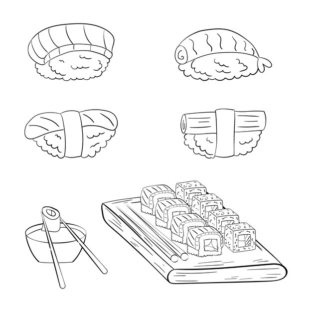 Conjunto de sushi en una ilustración de vector de arte de línea de tablero sobre un fondo blanco