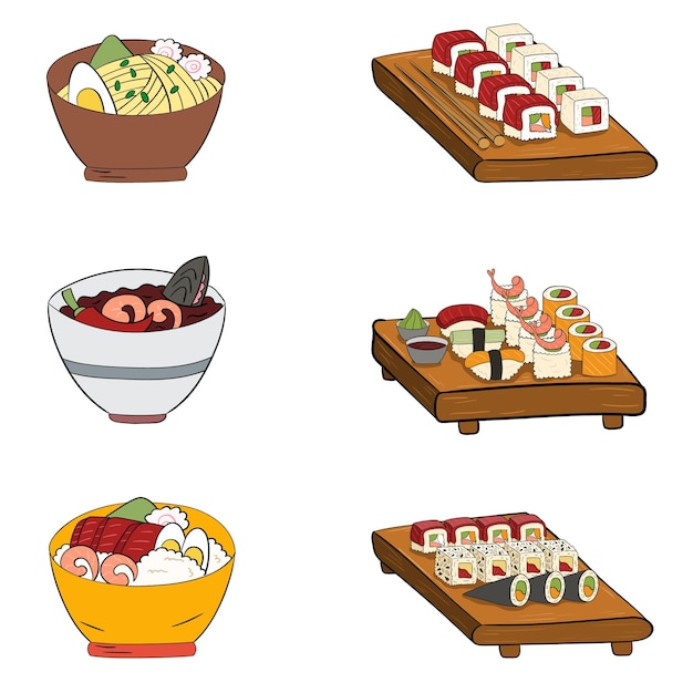 Conjunto de sushi en una ilustración de vector de tazón de poke de ramen de ñame boardtom sobre fondo blanco