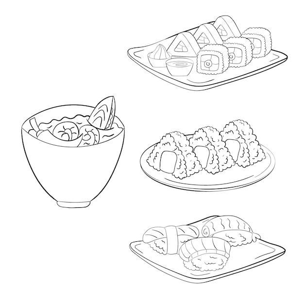 Conjunto de sushi y onigiri en placas ilustración de vector de arte de línea sobre un fondo blanco