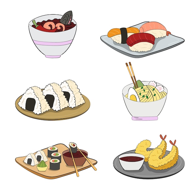 Un conjunto de sushi y onigiri en un plato de fideos ramen y vector de camarones tempura