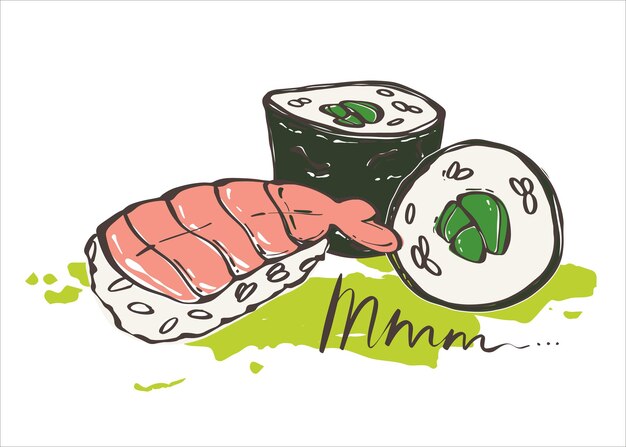 Conjunto de sushi y rollo con pescado sobre un fondo verde comida asiática rollo japonés con mariscos y arroz